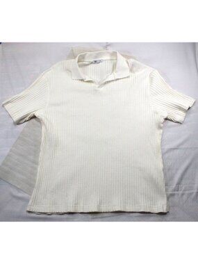 Zara Ribbed Knit Polo Shirt XL Cream‎ Cotton Blend Short Sleeve